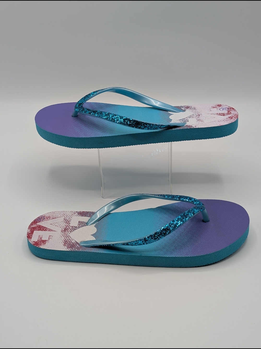 Blue Purple Glitter Strap Women's 5.5/6 Flip Flops Love Graphic Sparkle Sandals